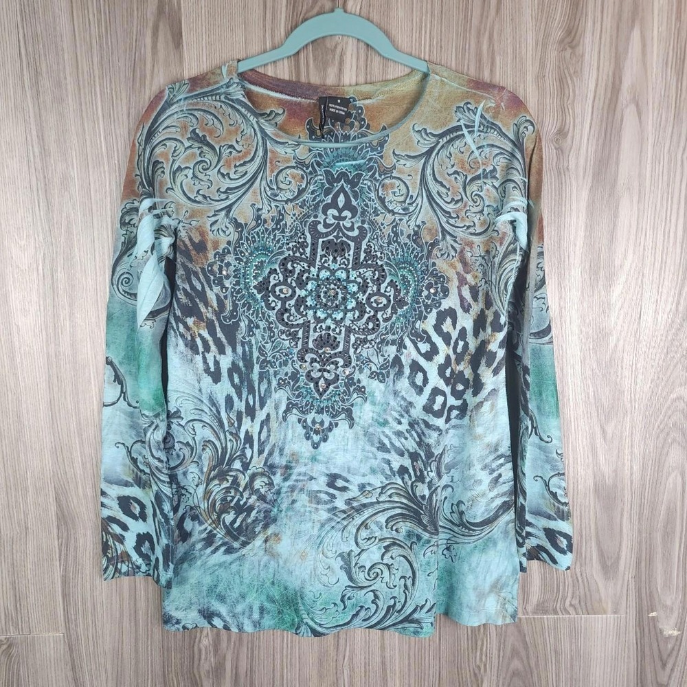 New Directions‎ Y2K Style Bedazzled Beaded Long Sleeve Shirt Size small